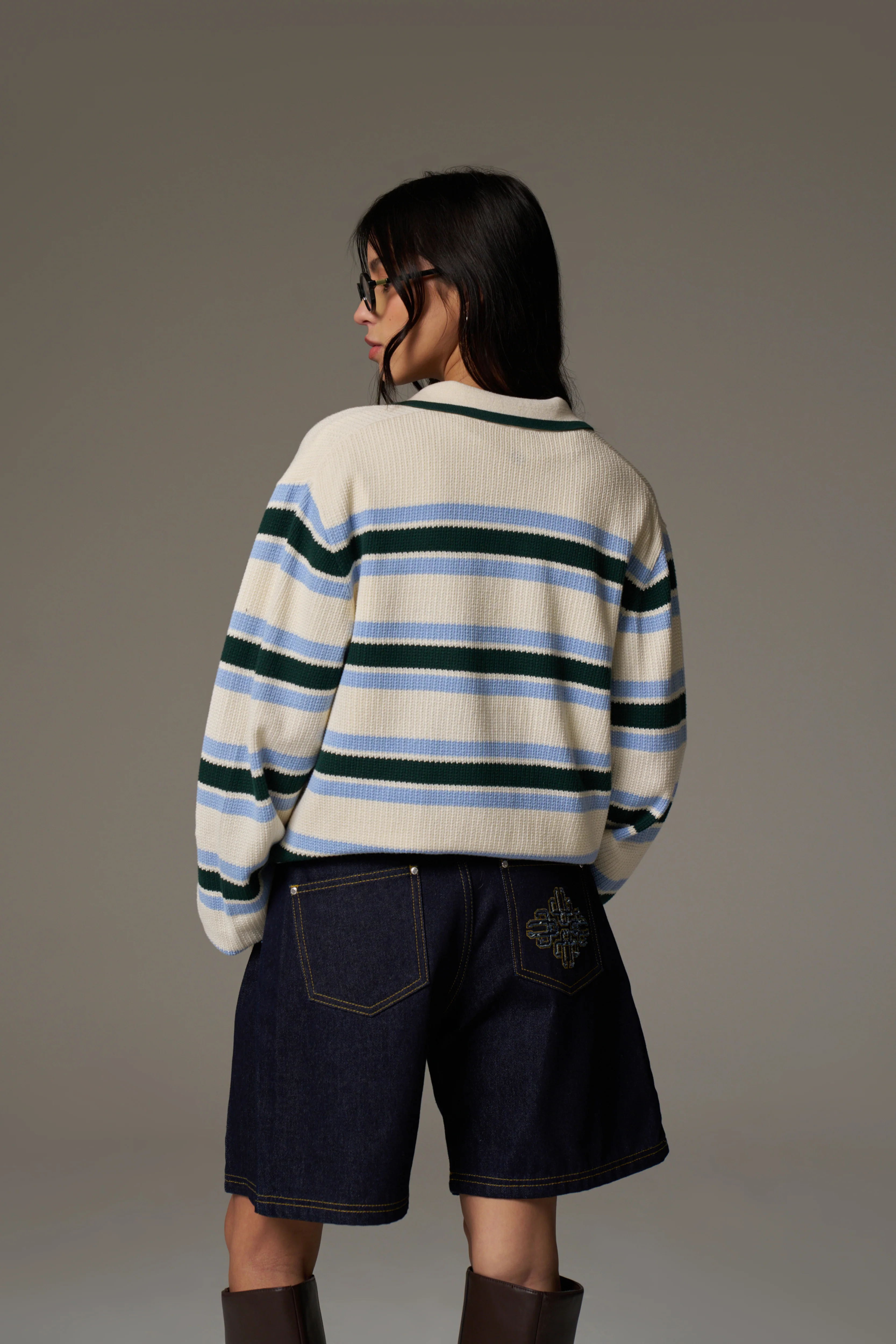 STRIPE KNITTED POLO SWEATSHIRT - OFF WHITE - Image 5