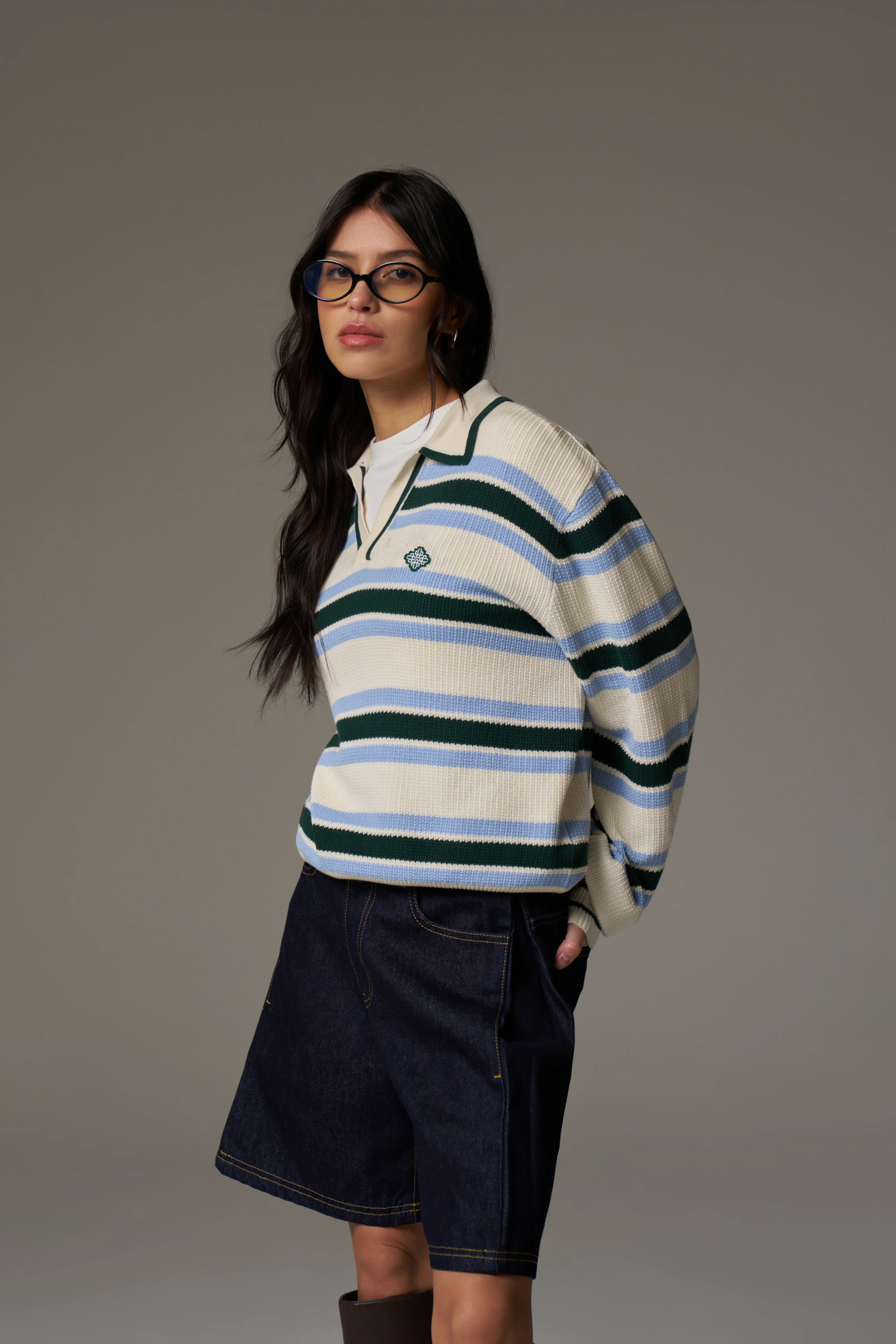 STRIPE KNITTED POLO SWEATSHIRT - OFF WHITE - Image 6