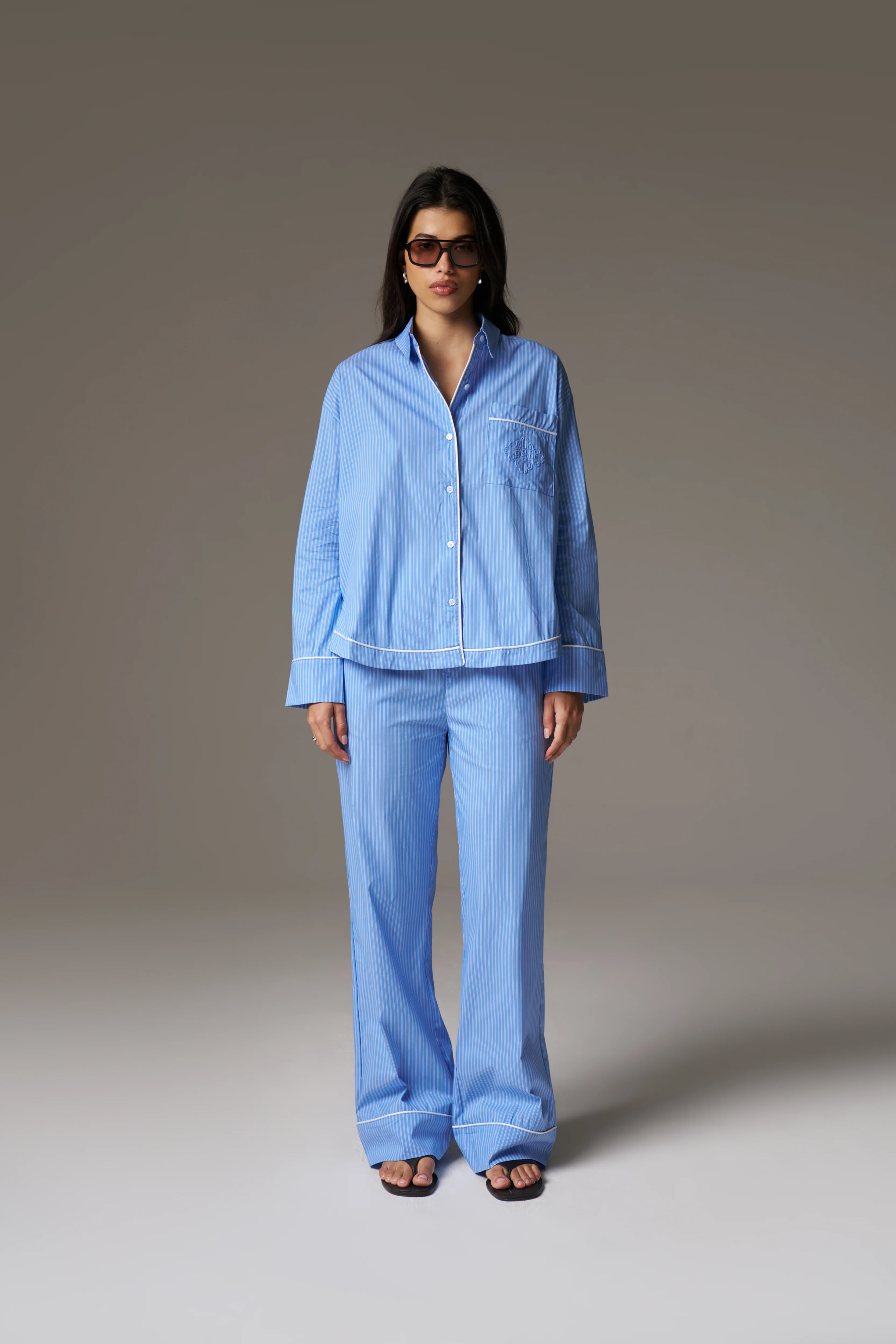 STRIPE PIPED EMBLEM SHIRT - BLUE - Image 3