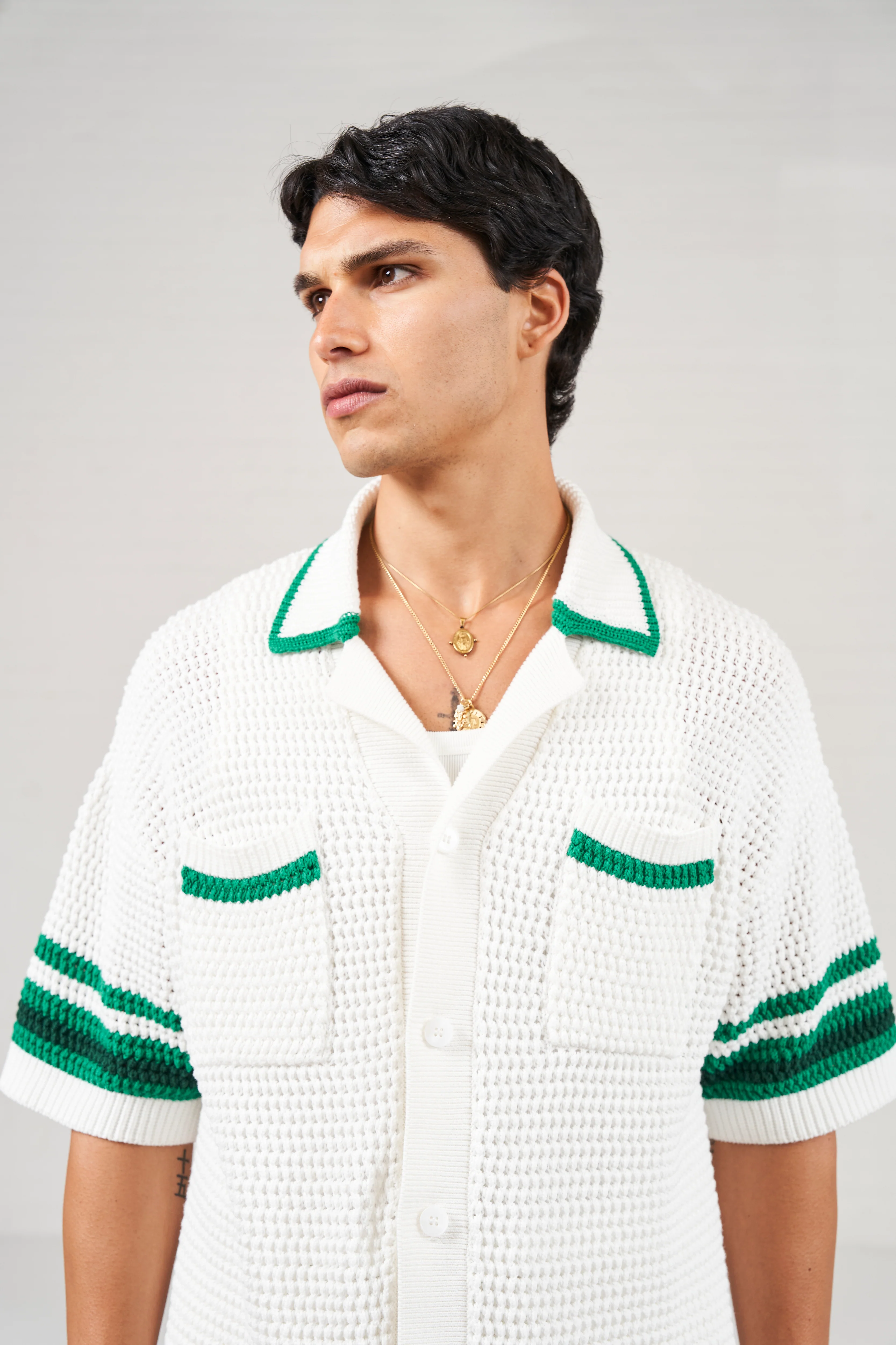 STRIPE TRIM CROCHET KNITTED SHIRT - WHITE - Image 3