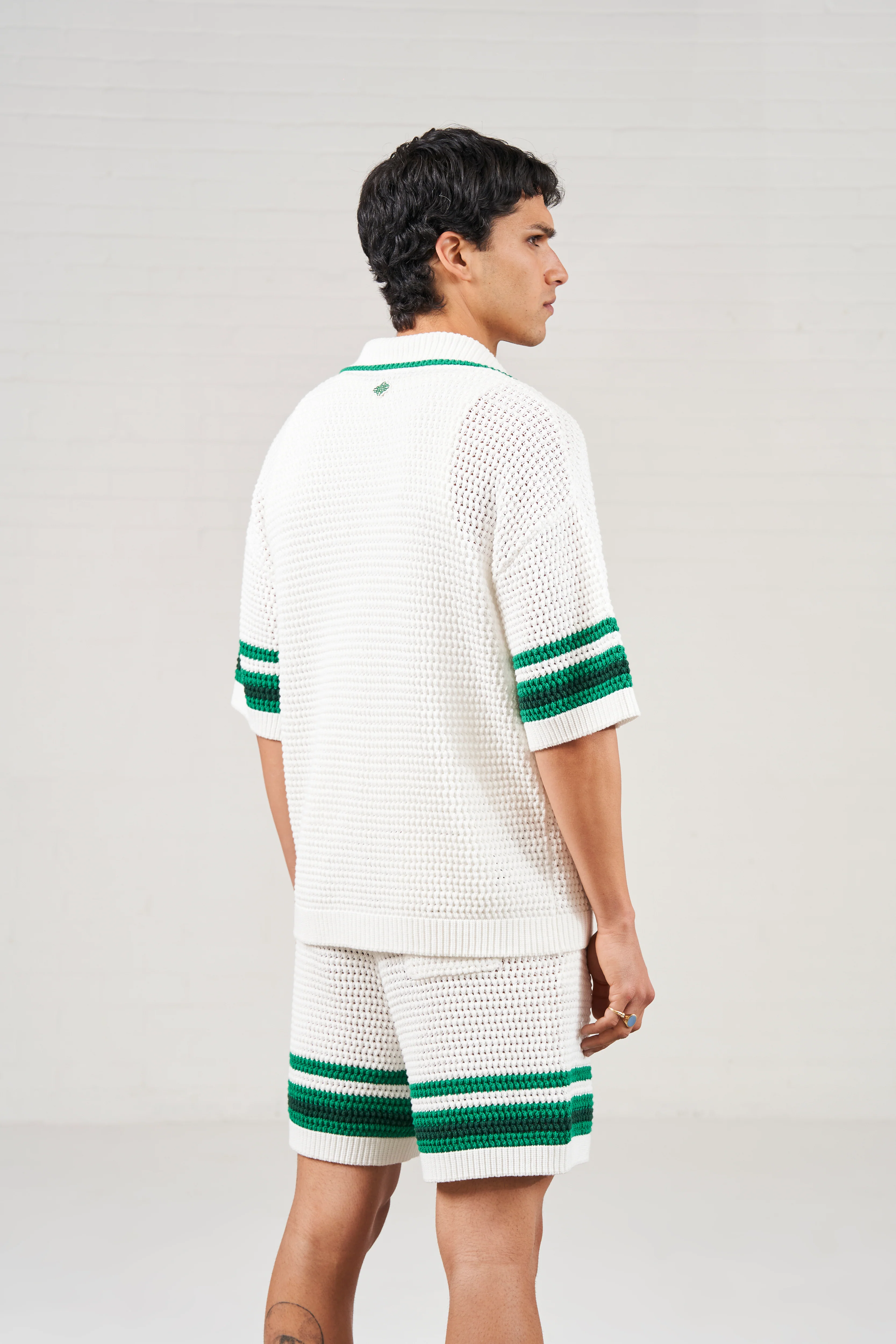 STRIPE TRIM CROCHET KNITTED SHIRT - WHITE - Image 5