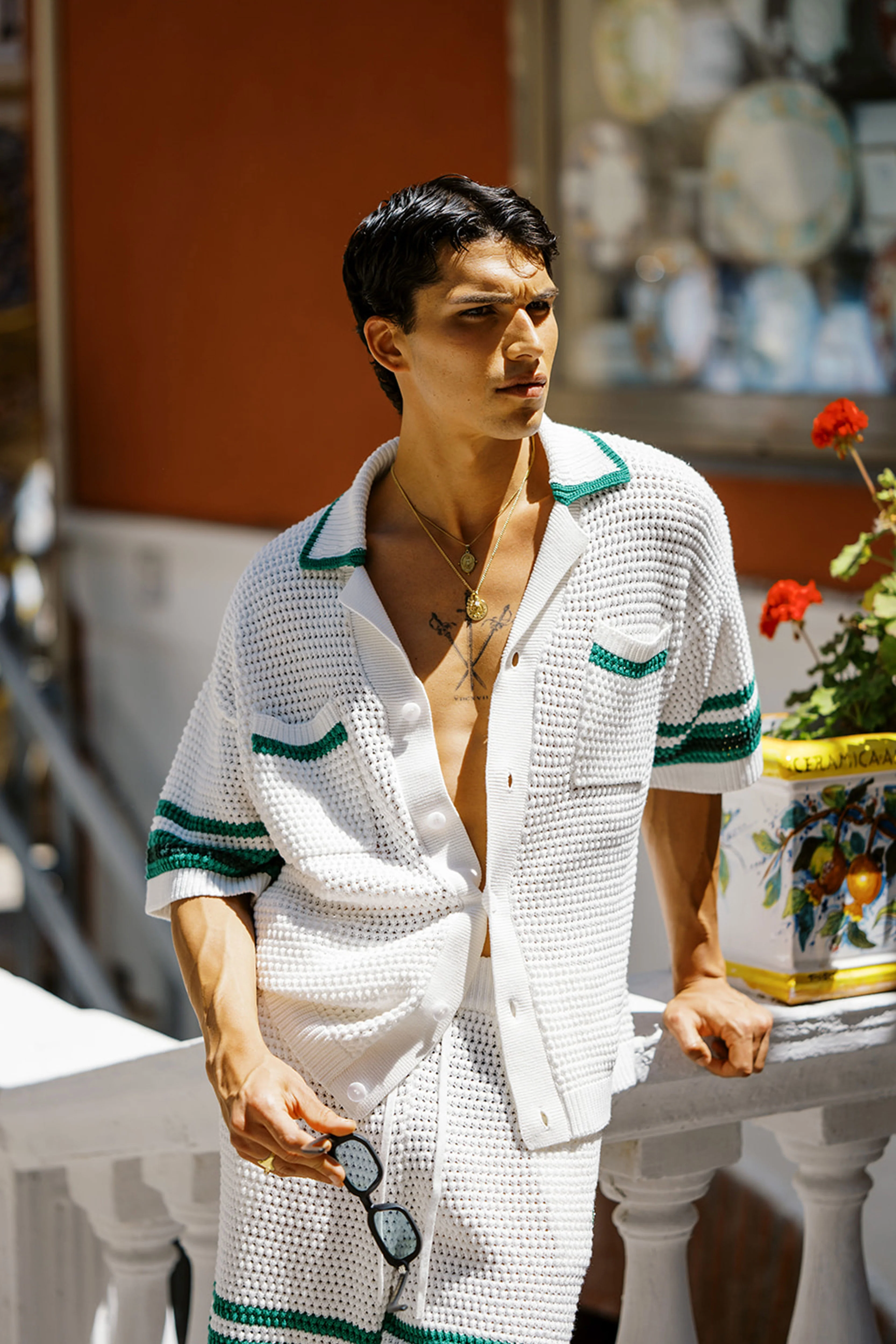 STRIPE TRIM CROCHET KNITTED SHIRT - WHITE - Image 7