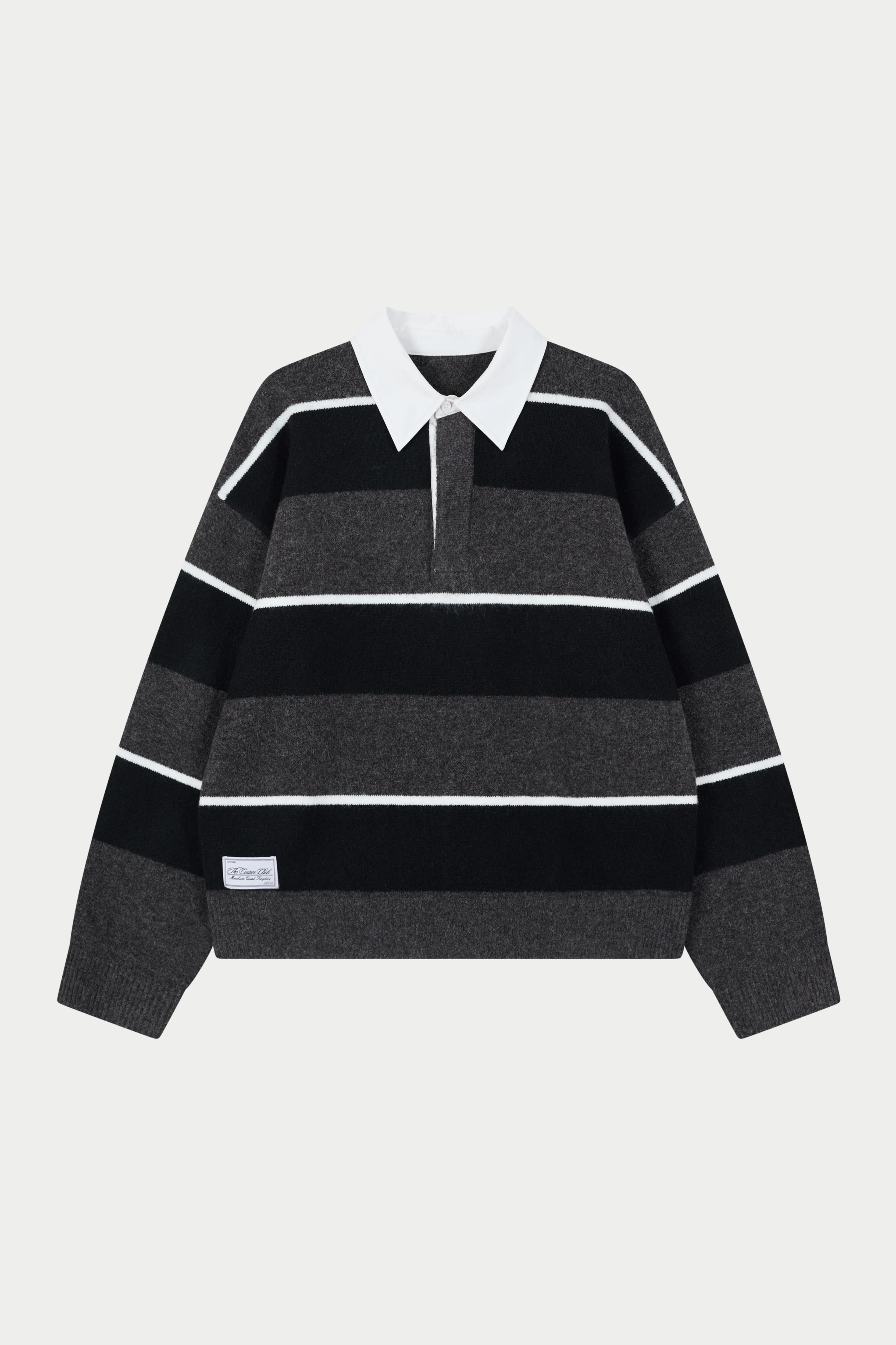 STRIPE CONTRAST COLLAR KNIT CREW - CHARCOAL