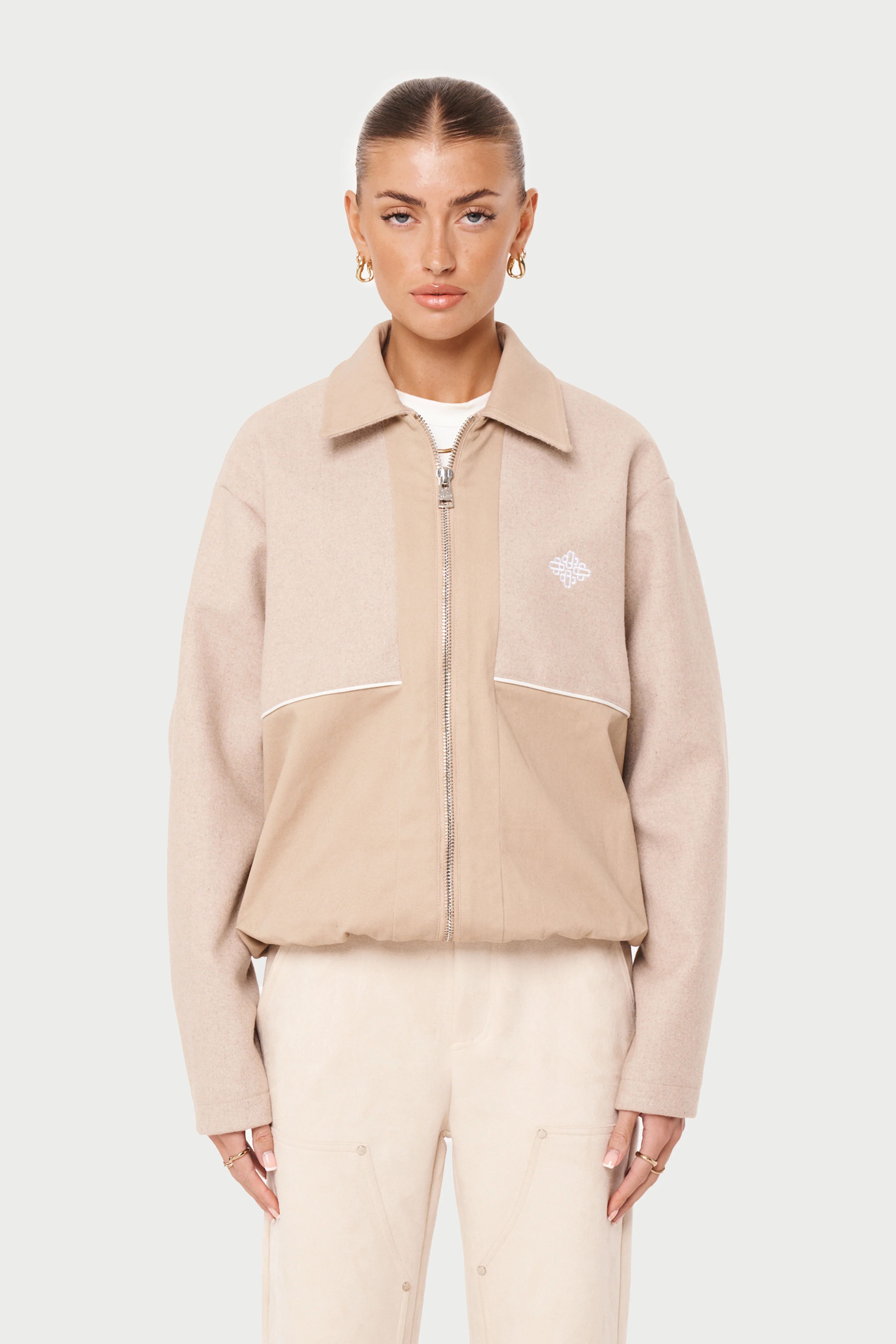 TWEED PANELLED BOMBER JACKET - BEIGE - Image 2