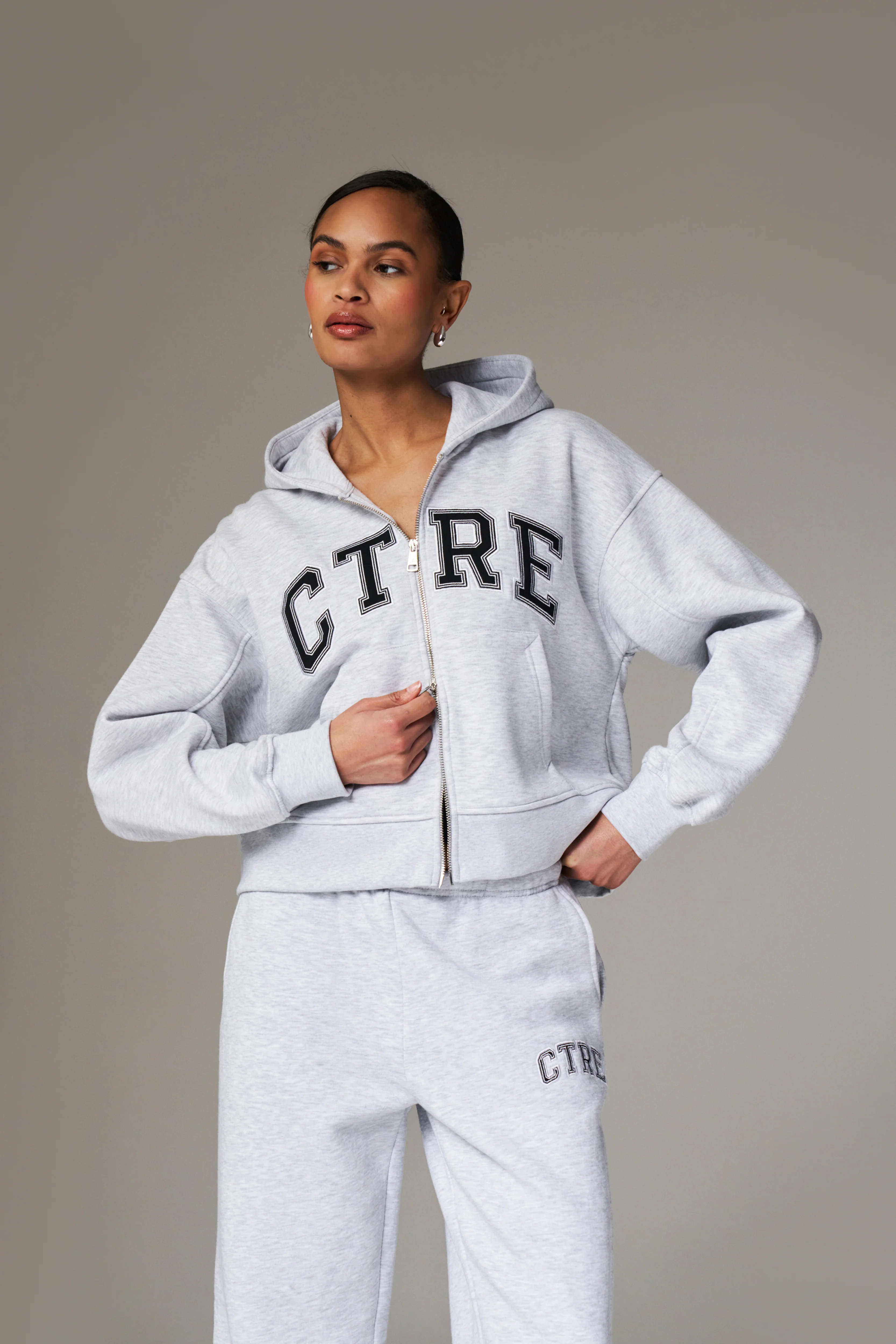 CTRE CROPPED ZIP THROUGH HOODIE - GREY MARL - Image 2