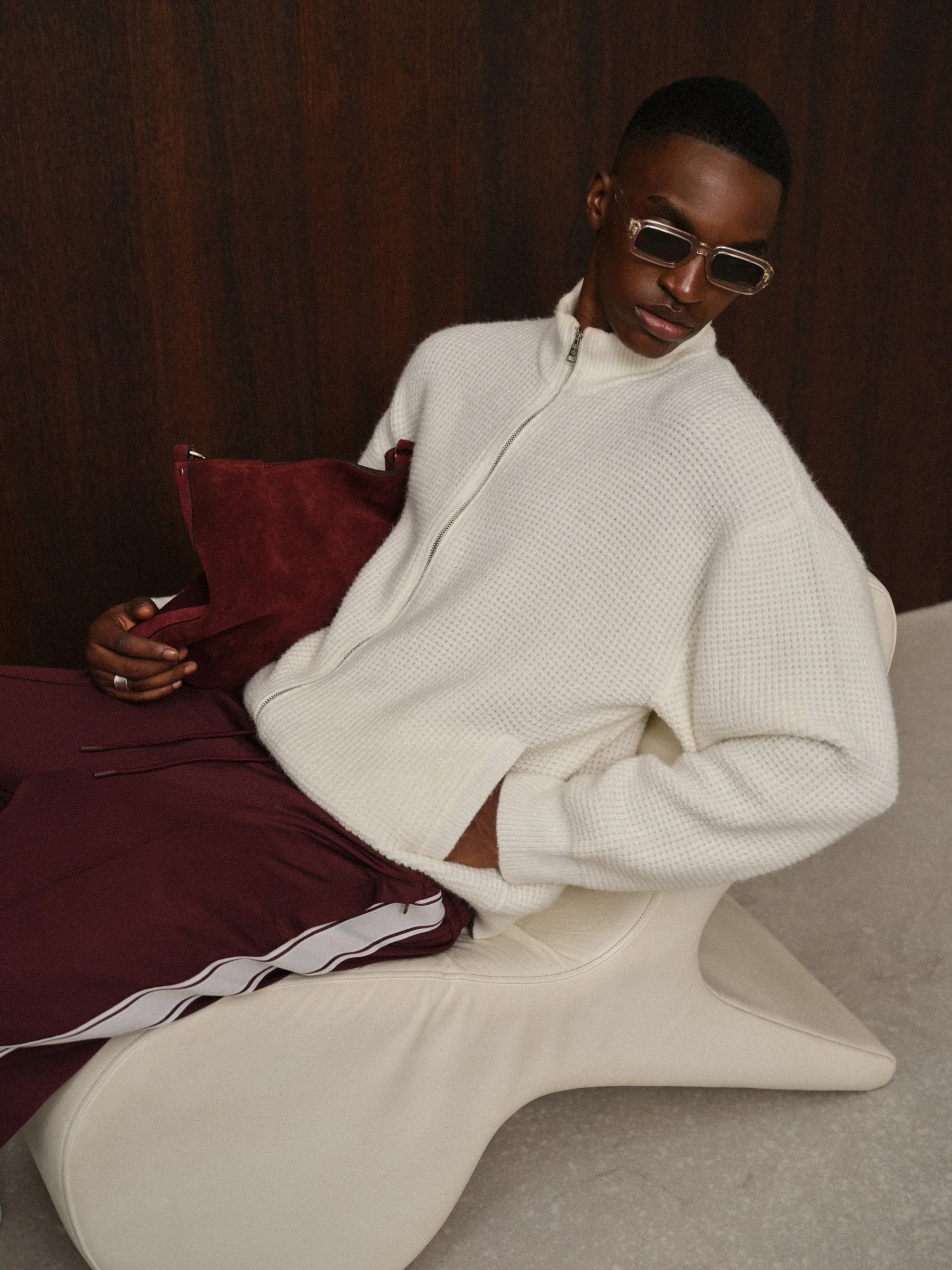 WAFFLE KNIT FUNNEL NECK ZIP THROUGH - WHITE - Image 2