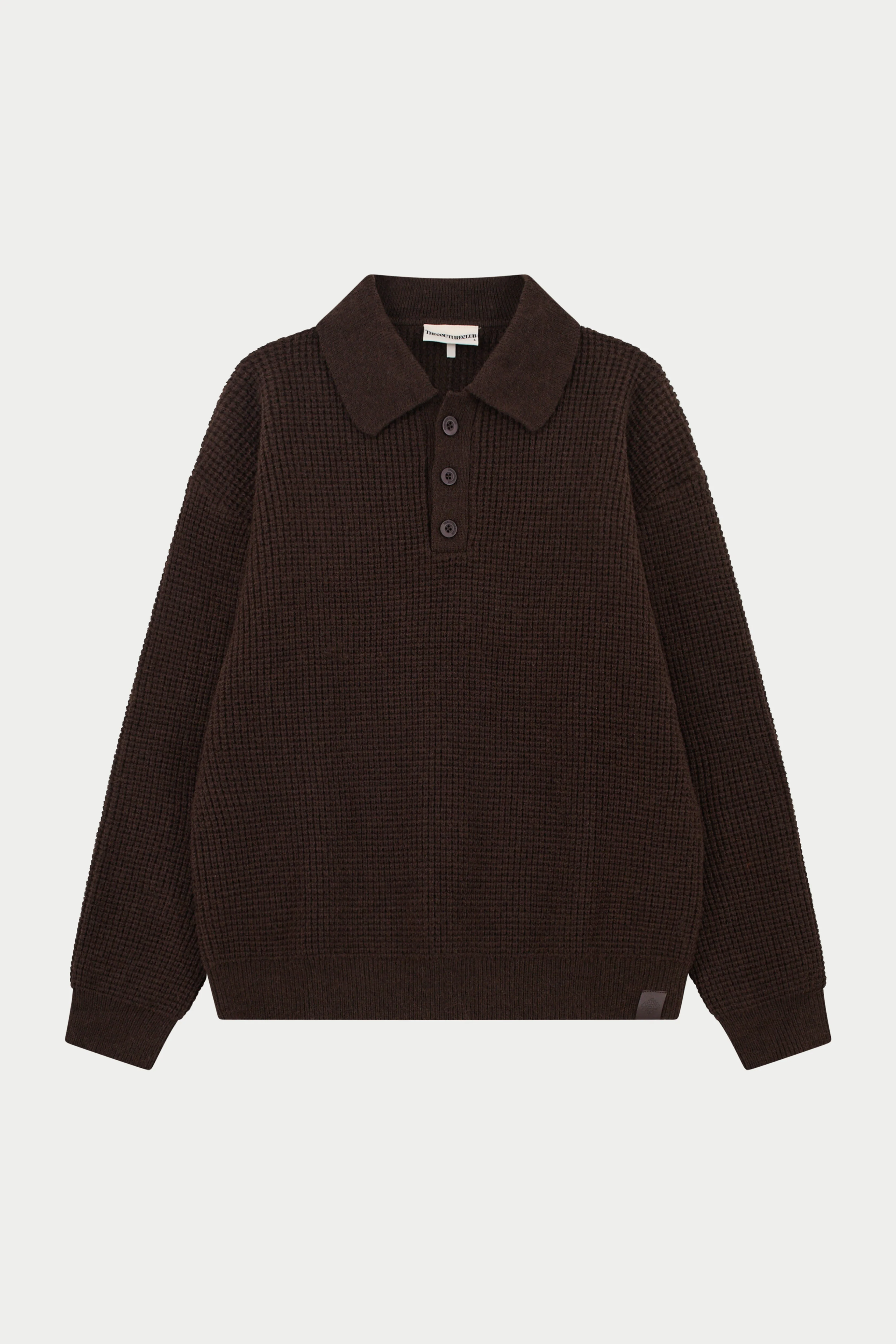 WAFFLE KNIT LONG SLEEVE POLO - BROWN