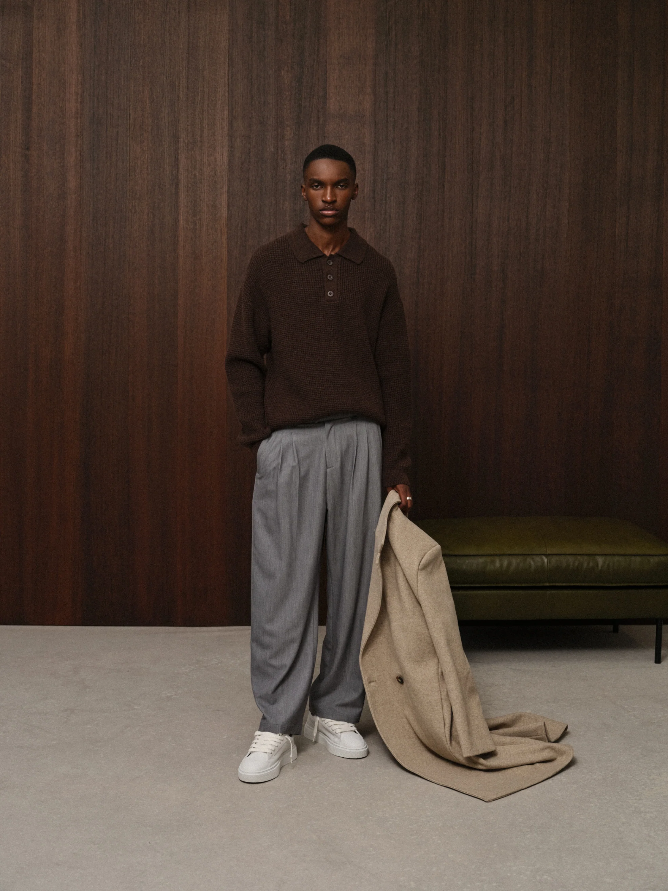WAFFLE KNIT LONG SLEEVE POLO - BROWN - Image 2