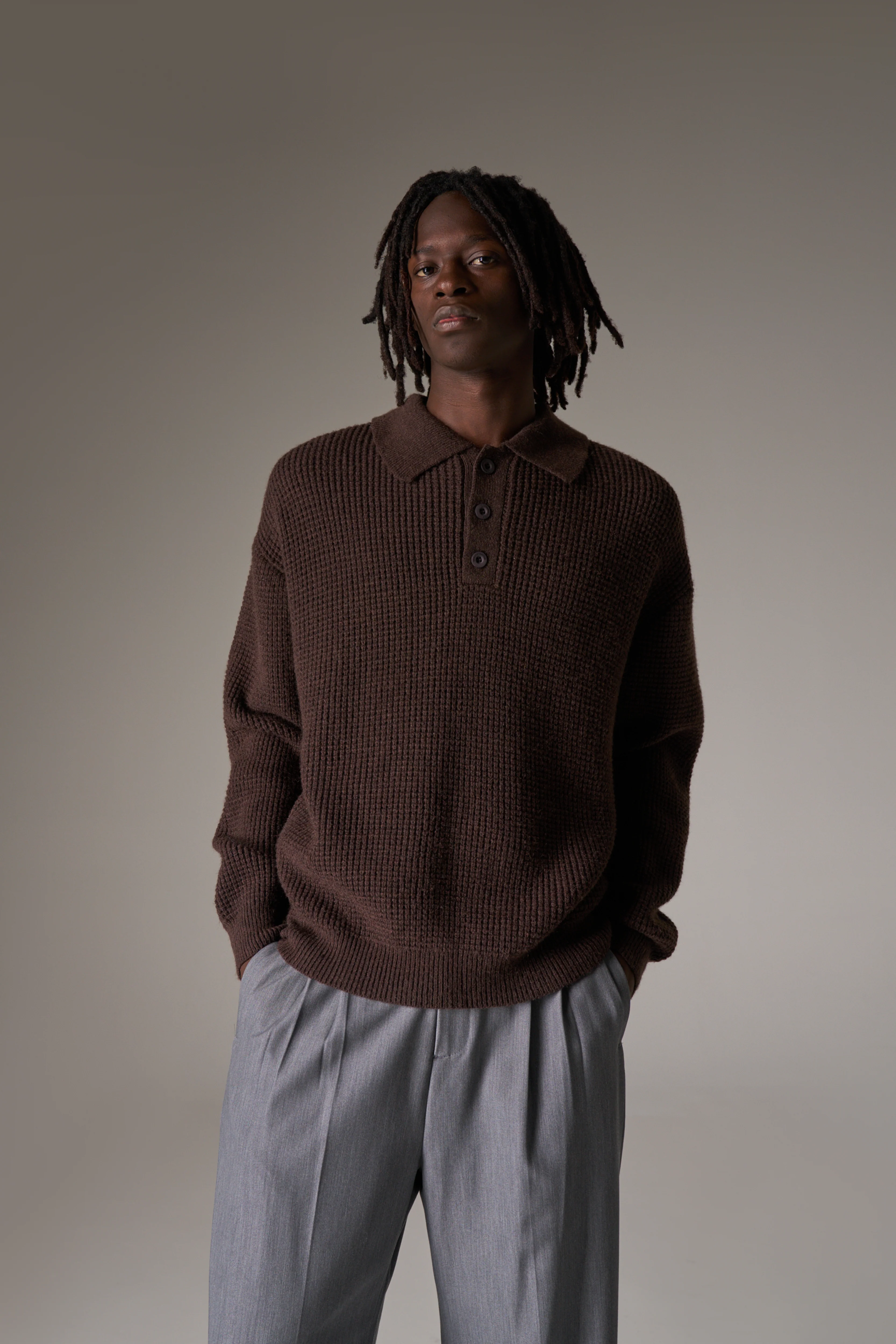 WAFFLE KNIT LONG SLEEVE POLO - BROWN - Image 3