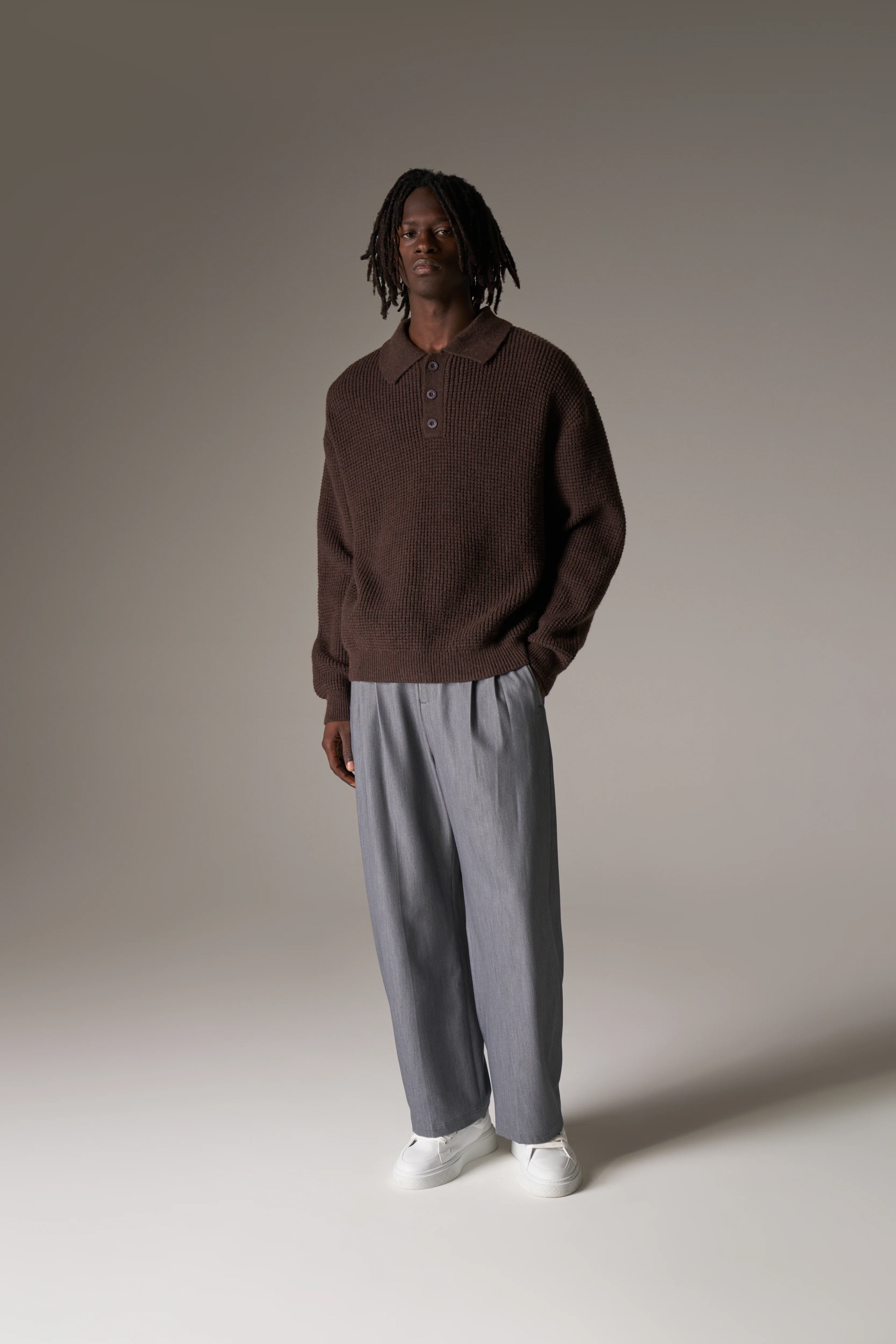 WAFFLE KNIT LONG SLEEVE POLO - BROWN - Image 4