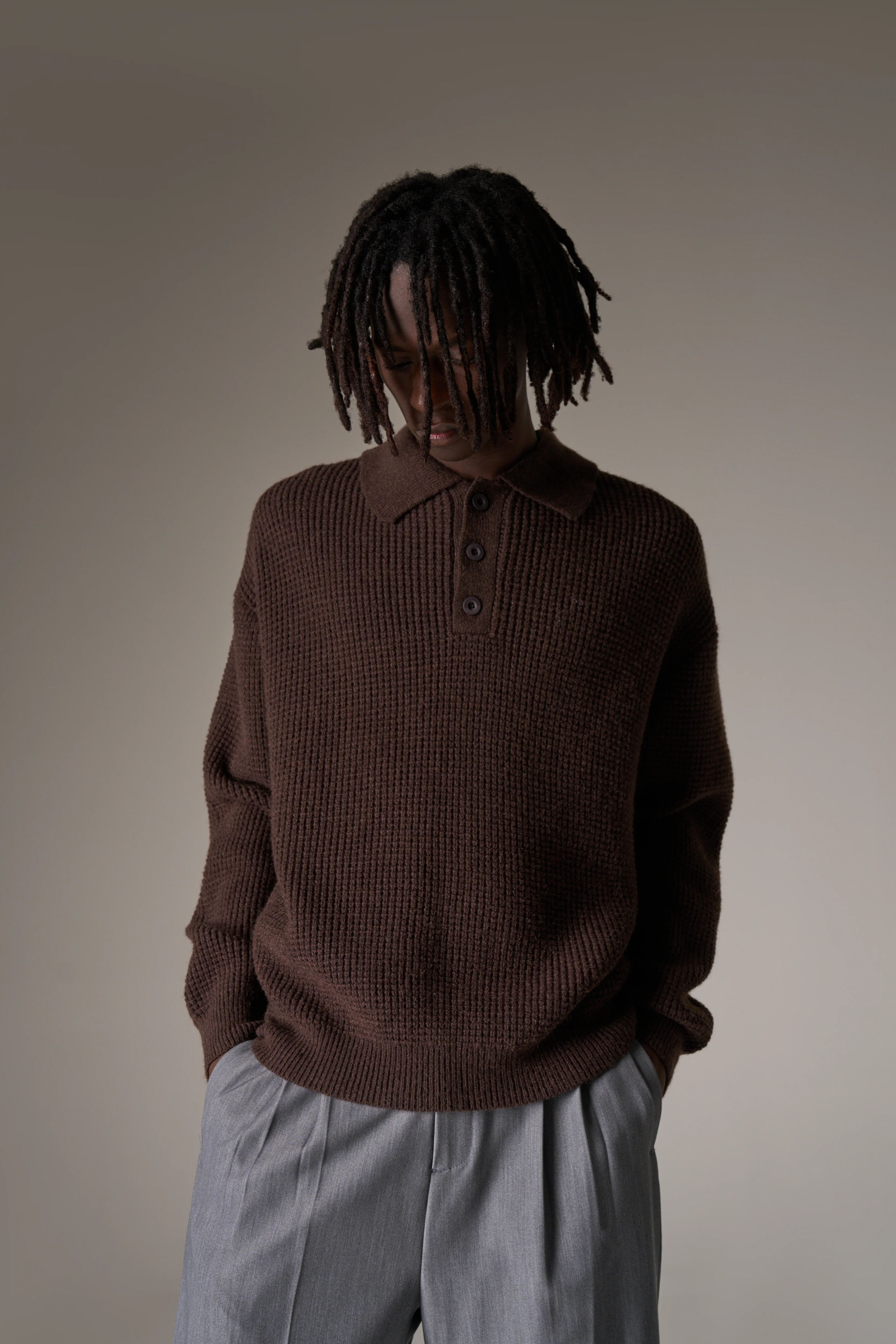 WAFFLE KNIT LONG SLEEVE POLO - BROWN - Image 6