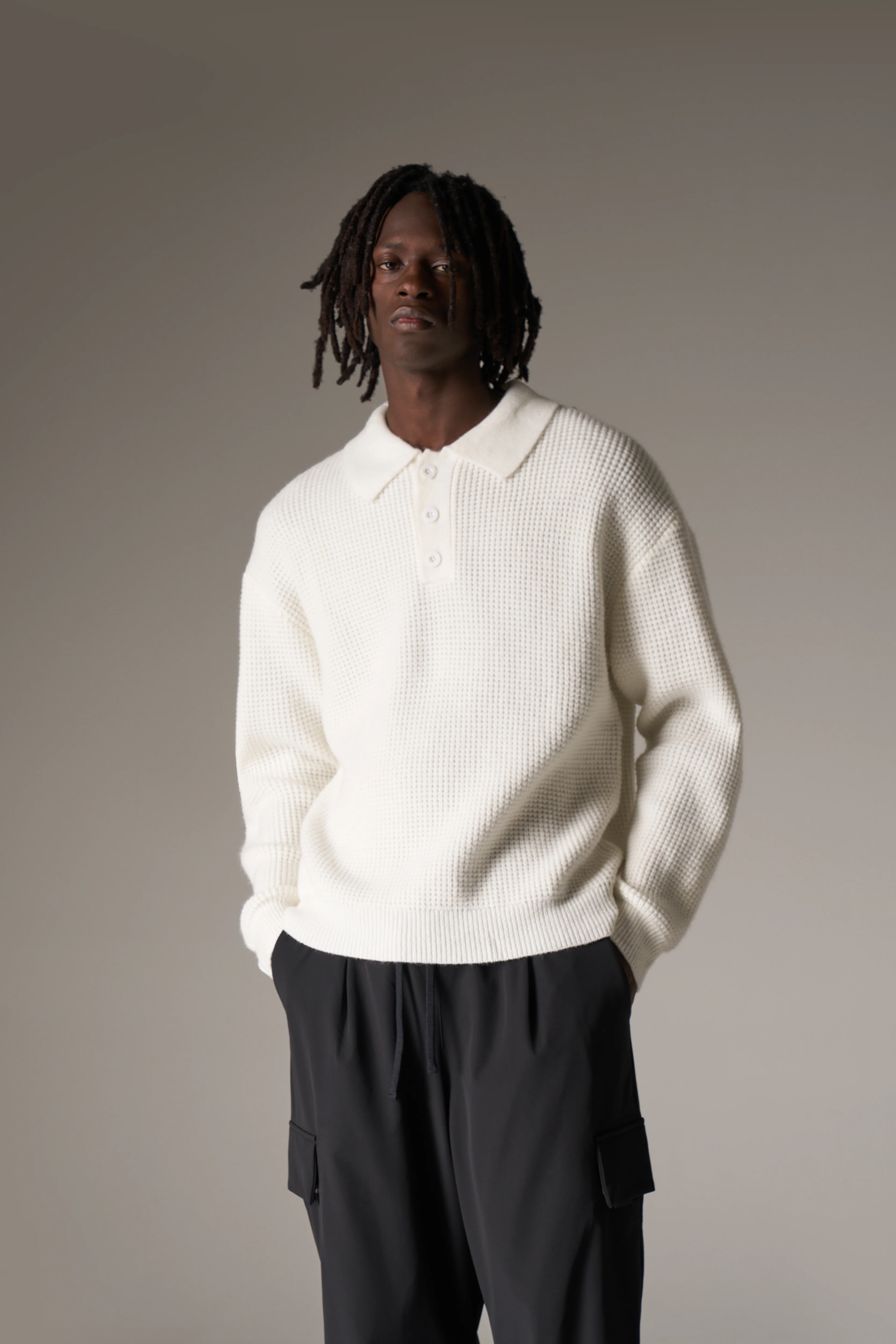 WAFFLE KNIT LONG SLEEVE POLO - WHITE - Image 2