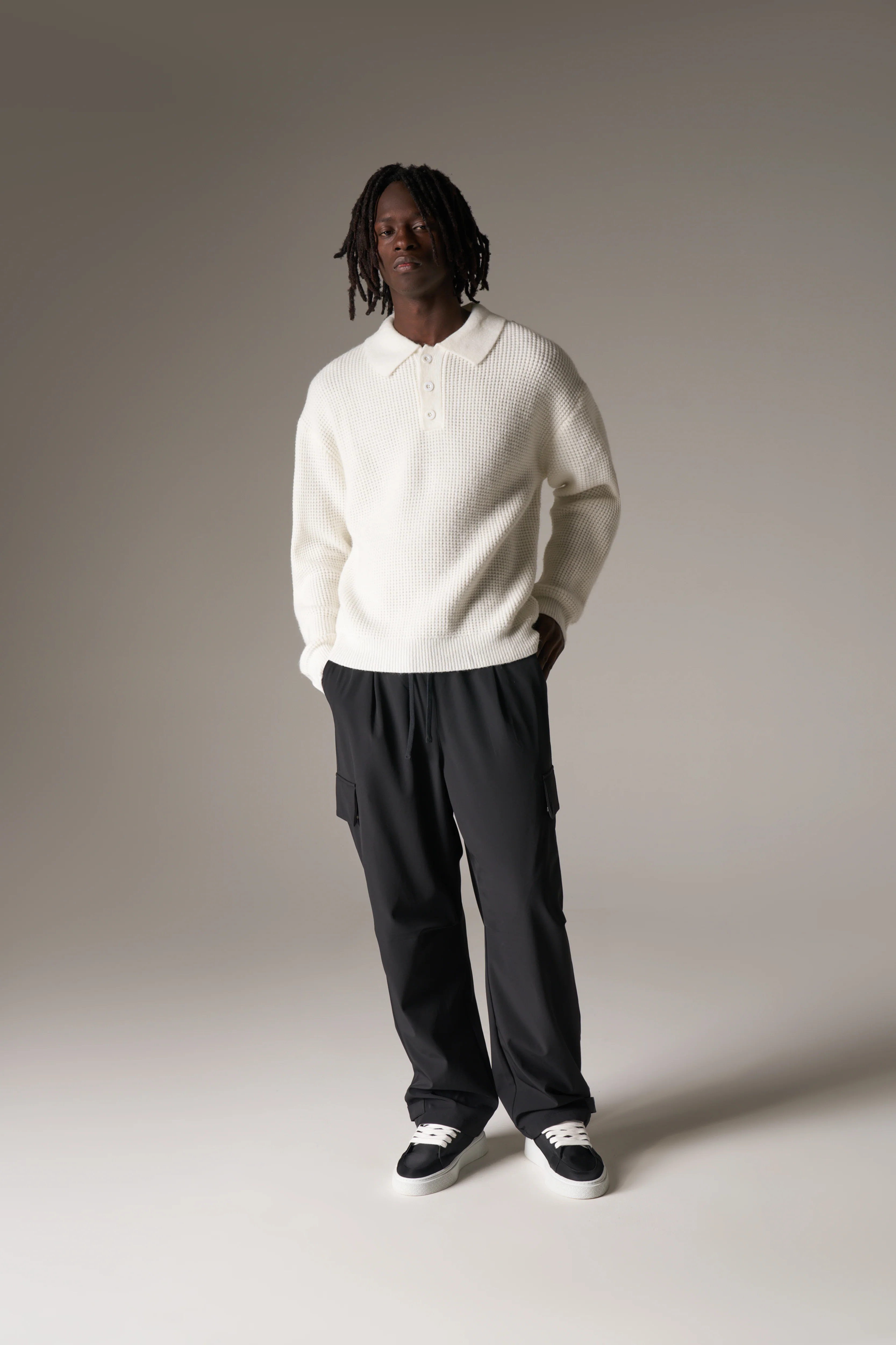 WAFFLE KNIT LONG SLEEVE POLO - WHITE - Image 3