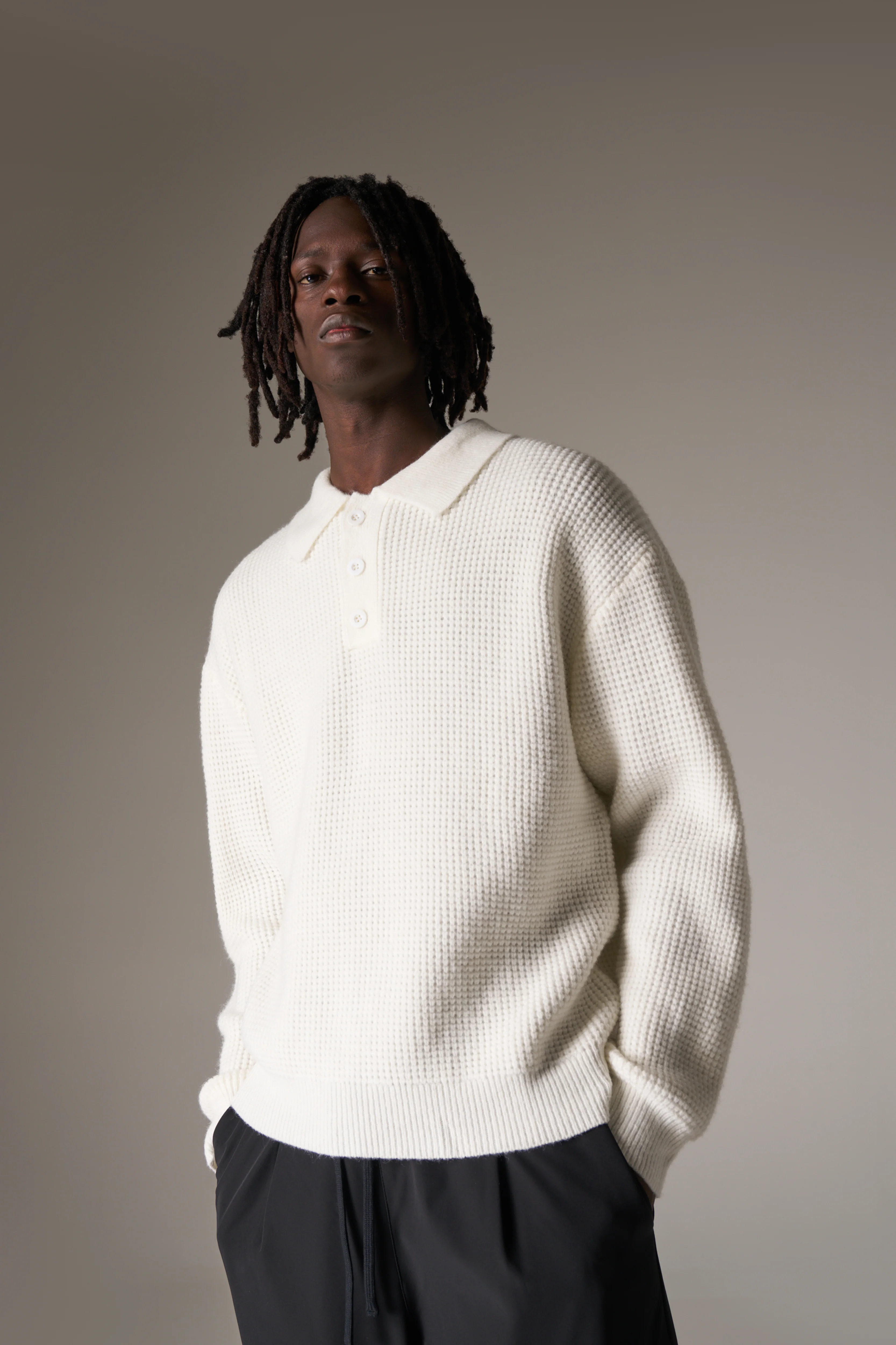 WAFFLE KNIT LONG SLEEVE POLO - WHITE - Image 4