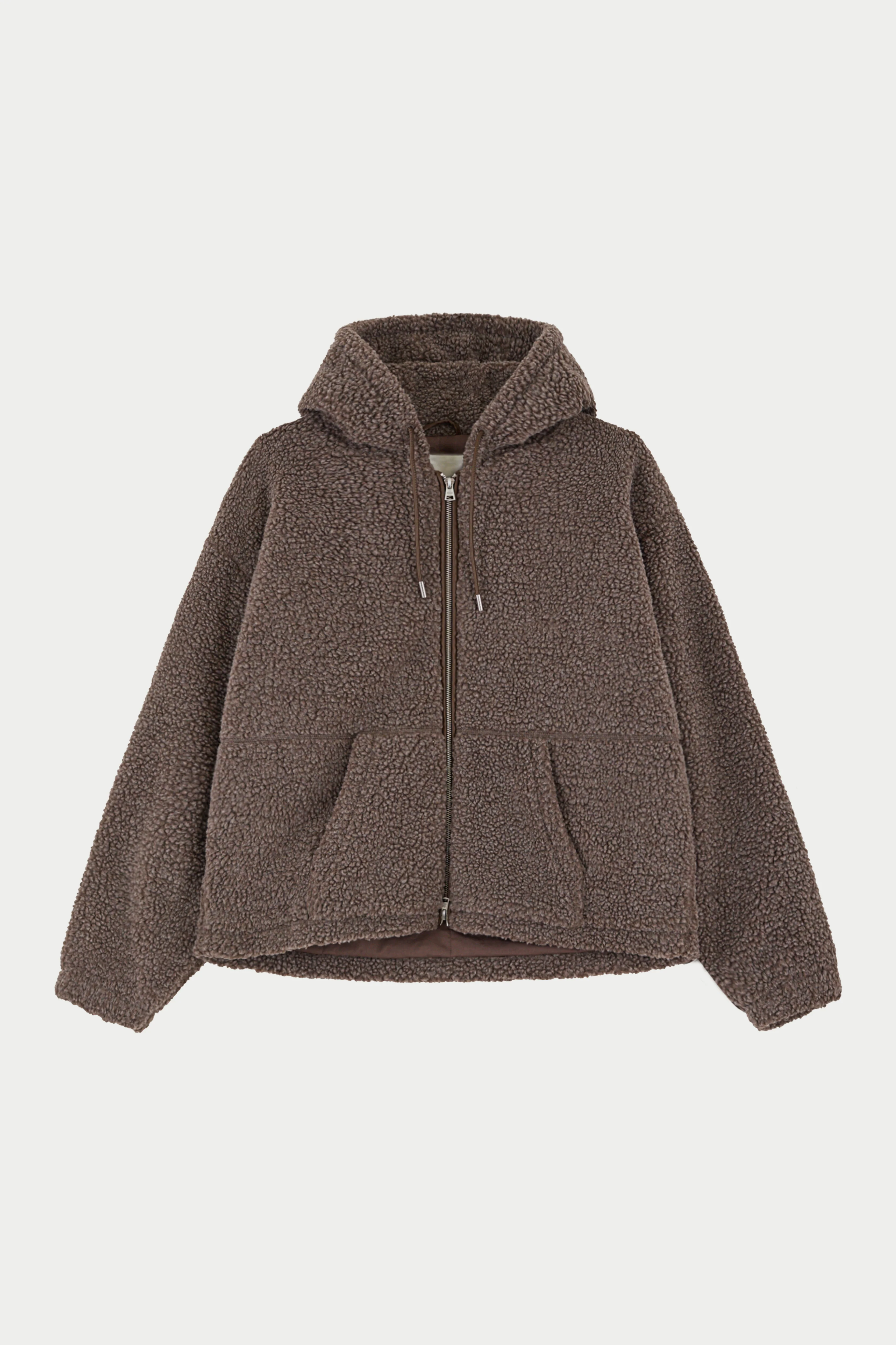 WASHED BORG ZIP THROUGH JACKET - BROWN