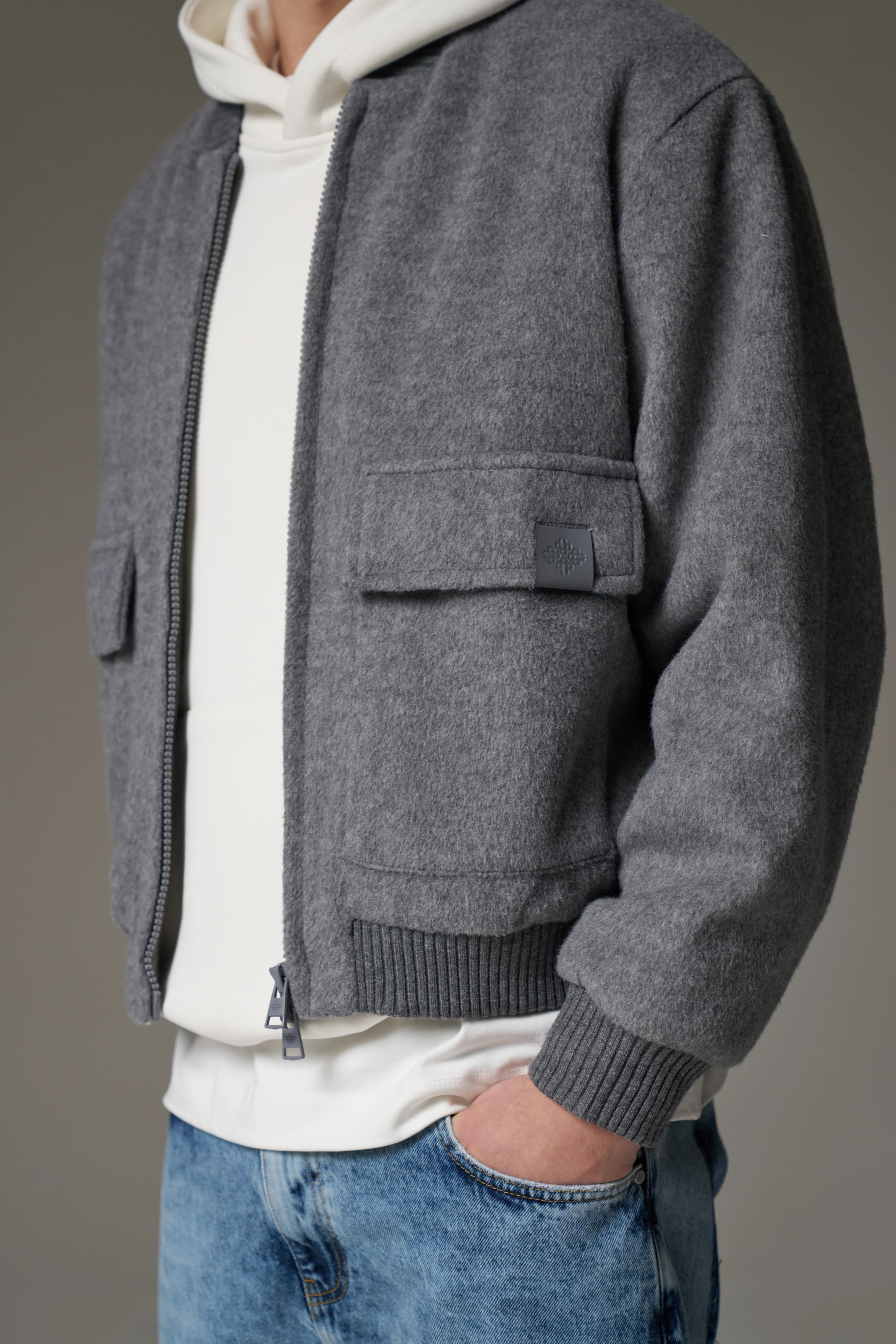 WOOL BLEND BOMBER JACKET - GREY MARL - Image 6