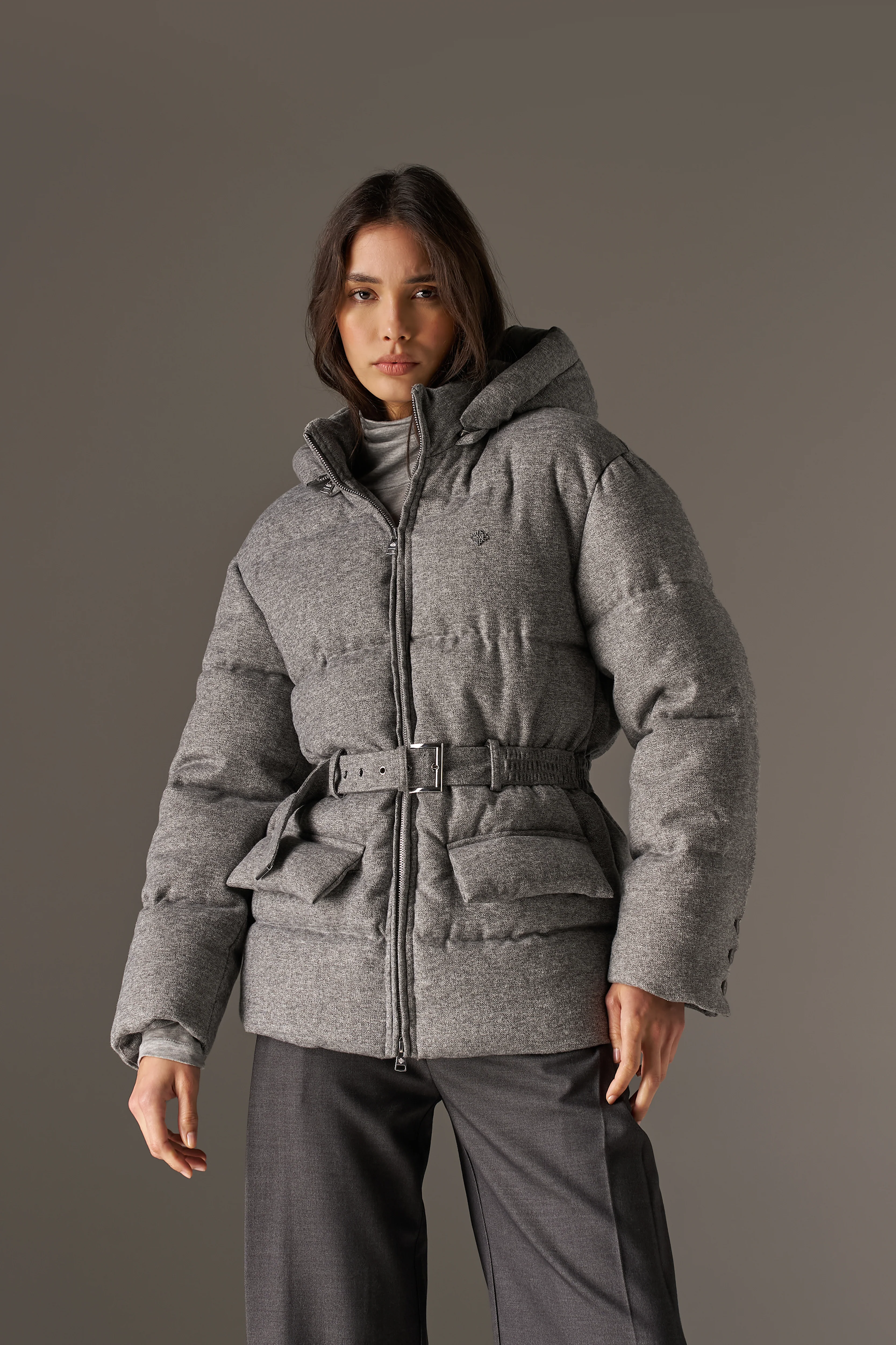 WOVEN BELTED PUFFER COAT - GREY - Image 2
