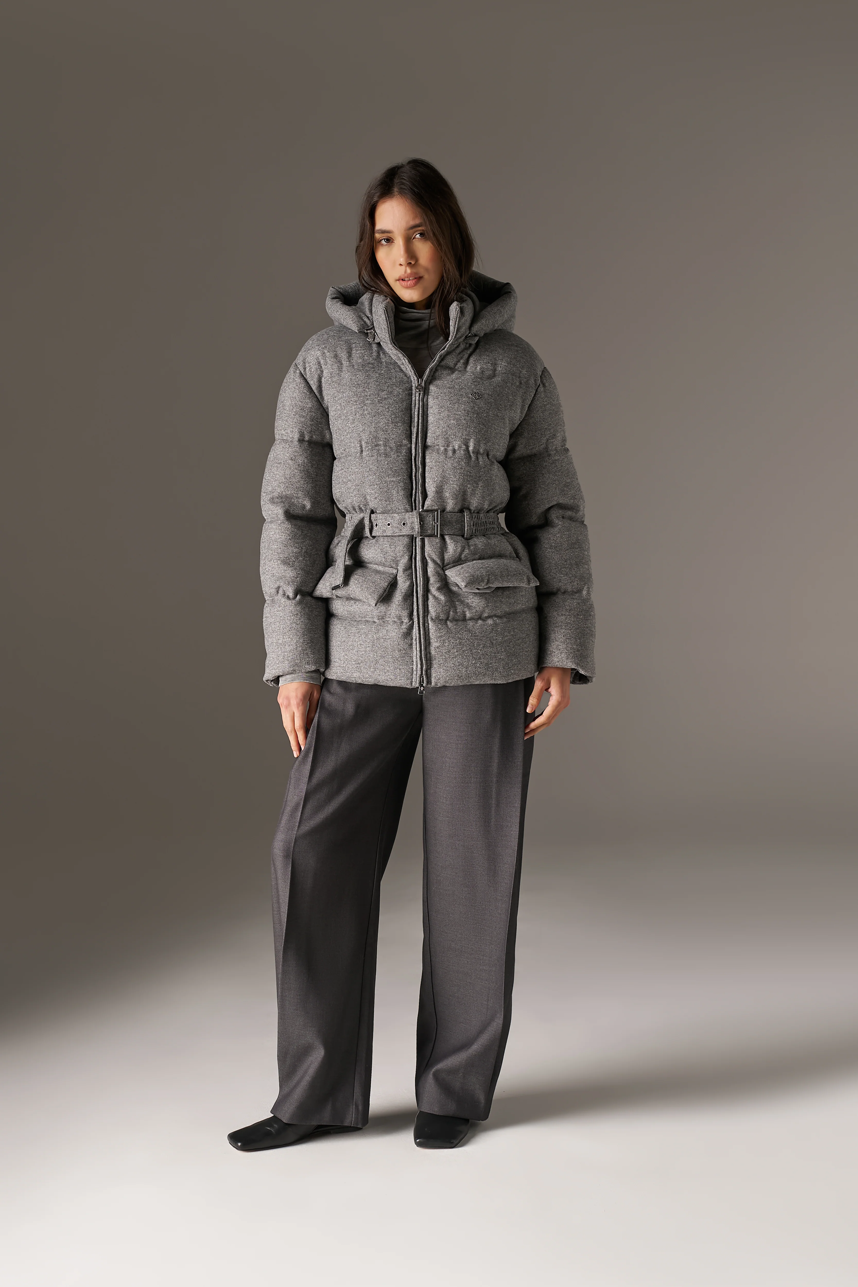 WOVEN BELTED PUFFER COAT - GREY - Image 3